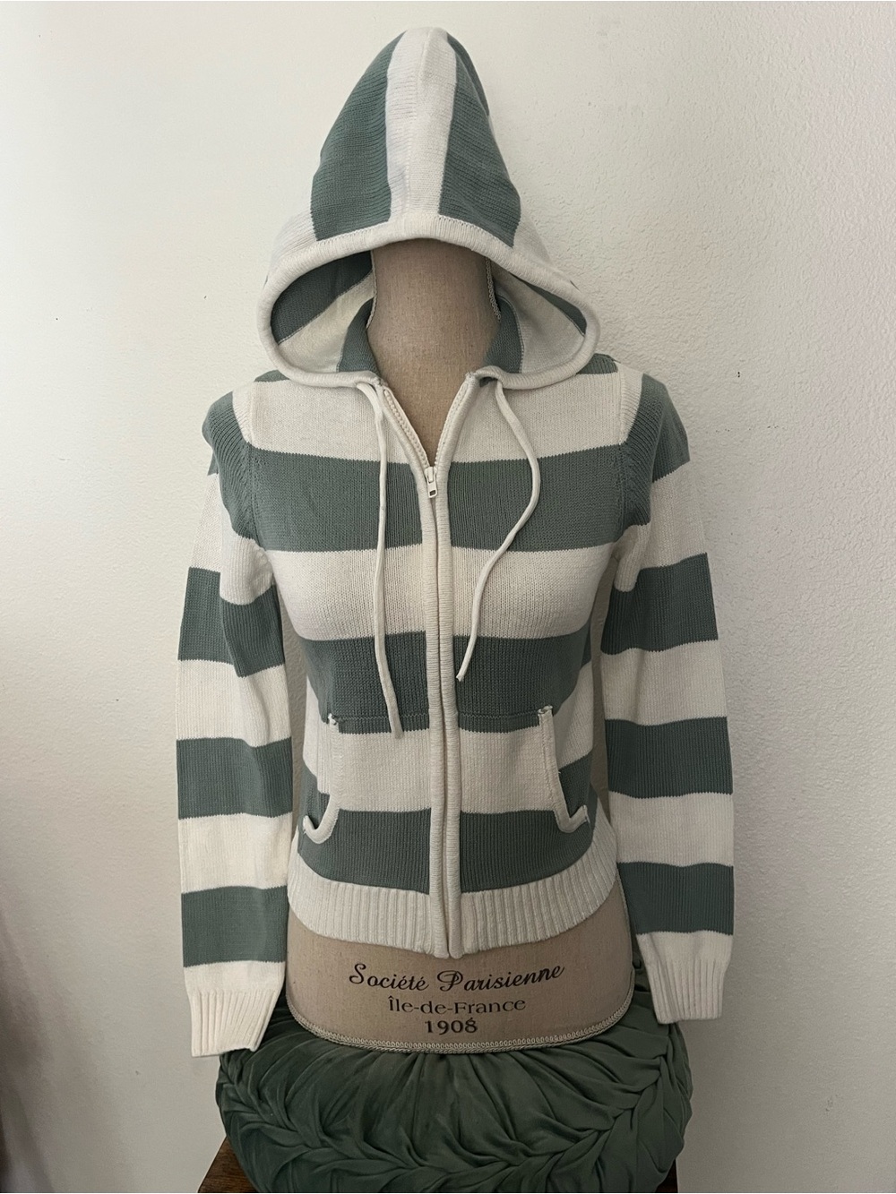 Pink Republic Cream & Sage Striped Hoodie Zip Sweatshirt
